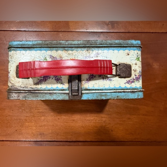 Vintage 1950s Thermos Corsage Flower Metal Lunchbox – Blue Floral Design - Picture 3 of 13